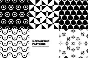 Set of vector fashion geometric seamless patterns. Flat repeated trendy elements in black, white, memphis style. For package, wallpaper, textile, your design. Vector illustration