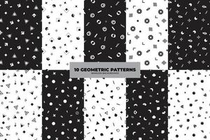 Set of universal vector fashion geometric seamless patterns. Flat repeated trendy elements in black, white, memphis style. For package, wallpaper, textile, your design. Vector illustration