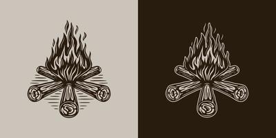 Vintage retro camping adventure travel outdoor element. Camping fire. Can be used for emblem, logo, badge, label. mark, poster or print. Monochrome Graphic Art vector