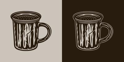 Vintage retro camping adventure travel outdoor element. Metal mug cup. Can be used for emblem, logo, badge, label. mark, poster or print. Monochrome Graphic Art. Vector Illustration.