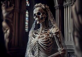 esqueleto de un novia en un Boda vestido. muerto niña a el boda. ai generado foto