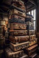 old suitcases on top of each other in the room. ai generated photo