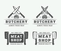 Set of vintage butchery meat, steak or bbq logos, emblems, badges, labels. Monochrome Graphic Art. Vector Illustration.