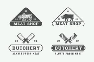 Set of vintage butchery meat, steak or bbq logos, emblems, badges, labels. Monochrome Graphic Art. Vector Illustration.