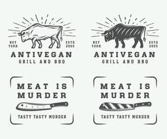 Set of vintage butchery meat, steak or bbq logos, emblems, badges, labels. Monochrome Graphic Art. Vector Illustration.