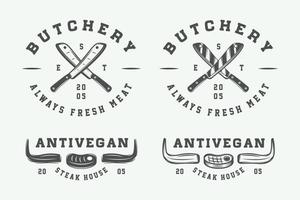 Set of vintage butchery meat, steak or bbq logos, emblems, badges, labels. Monochrome Graphic Art. Vector Illustration.