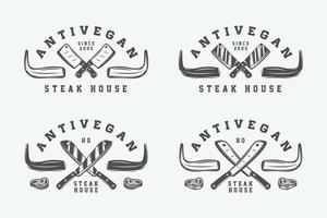 Set of vintage butchery meat, steak or bbq logos, emblems, badges, labels. Monochrome Graphic Art. Vector Illustration.