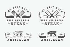Set of vintage butchery meat, steak or bbq logos, emblems, badges, labels. Monochrome Graphic Art. Vector Illustration.