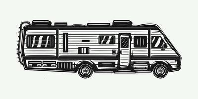 Vintage retro woodcut camper RV trailer. Can be used like emblem, logo, badge, label. mark, poster or print. Monochrome Graphic Art. Vector Illustration.