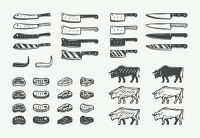 Set of vintage retro butchery bbq elements. Can be used for logos, emblems, badges, labels. Graphic Art. Illustration. Vector. vector