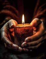 burning candle in hands. illustration for a tragic situation. photo
