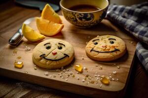 Listo galletas con emoticones en el mesa. ai generado foto