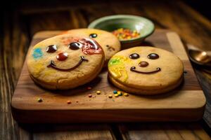 Listo galletas con emoticones en el mesa. ai generado foto