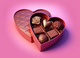 corazón conformado caja con chocolates en un rosado antecedentes. ai generado foto