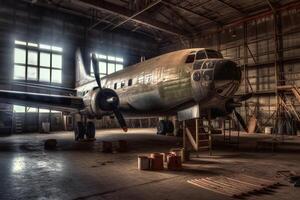 oxidado y antiguo aeronave en el hangar. aeronave reciclaje. ai generado foto