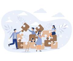 Community of business people building teamwork and cooperation. corporate  employee  connect and match puzzle parts together, flat vector modern illustration