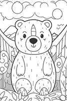 Coloring pages. Wild animals. Cute bear draw for kids. Generative AI photo