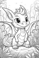 Cute cartoon dragon. Black and white illustration for coloring book. photo