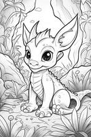 Cute cartoon dragon. Black and white illustration for coloring book. photo