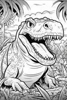 colorante libro para niños con un dinosaurio pintado a mano en dibujos animados estilo, tiranosaurio. generativo ai foto