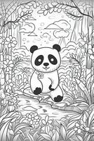 Cute cartoon panda. Black and white illustration for coloring book. photo