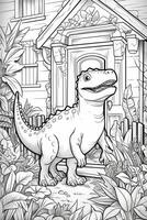 colorante libro para niños con un dinosaurio pintado a mano en dibujos animados estilo, tiranosaurio. generativo ai foto