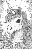 linda dibujos animados unicornio. negro y blanco ilustración para colorante libro. generativo ai foto