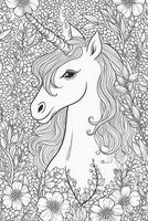 linda dibujos animados unicornio. negro y blanco ilustración para colorante libro. generativo ai foto