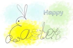 Easter bunny and Happy Easter lettering in one continuous line on abstract spots background. Holiday vector