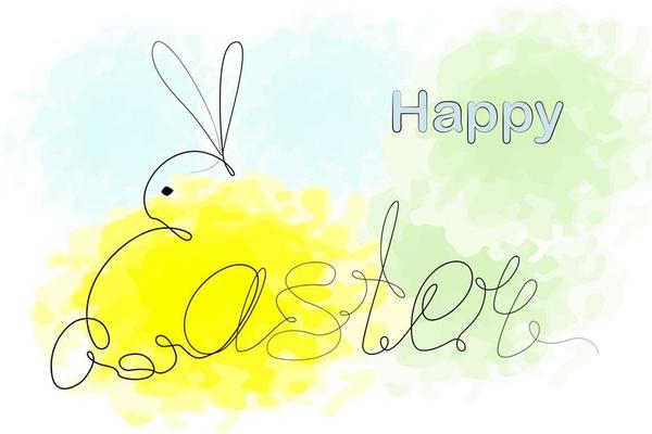 Easter bunny and Happy Easter lettering in one continuous line on abstract spots background. Holiday
