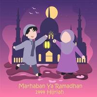 Marhaba ya ramadhan ramadan kareem kids playing with little fireworks at night, activity in ramadhan vector