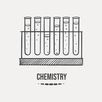 Sketch of laboratory flasks on a stand for chemistry lessons, hand-drawn on a light background. Vector