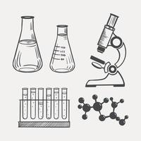 un conjunto de bocetos para química lecciones microscopio, moléculas, matraces dibujado a mano en un ligero antecedentes. vector