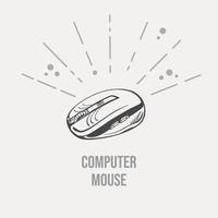 Hand-drawn sketch of a computer mouse on a light background. Vector