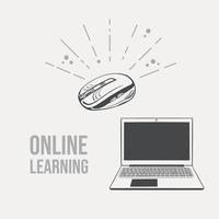 Online education sketch. Laptop, computer mouse and hand-drawn inscription on a light background. Vector