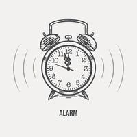 Sketch alarm clock with bells. The logo is made in ink. On a light background. Vector