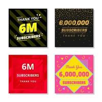 Thank you 6m subscribers set template vector. 6000000 subscribers. 6m subscribers colorful design vector. thank you six million subscribers vector