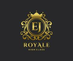 Golden Letter EJ template logo Luxury gold letter with crown. Monogram alphabet . Beautiful royal initials letter. vector