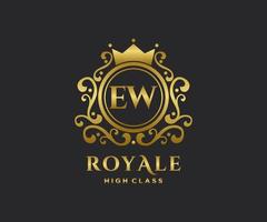 Golden Letter EW template logo Luxury gold letter with crown. Monogram alphabet . Beautiful royal initials letter. vector