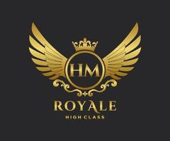 Golden Letter HM template logo Luxury gold letter with crown. Monogram alphabet . Beautiful royal initials letter. vector