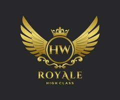 Golden Letter HW template logo Luxury gold letter with crown. Monogram alphabet . Beautiful royal initials letter. vector