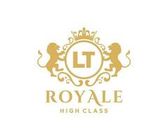 Golden Letter LT template logo Luxury gold letter with crown. Monogram alphabet . Beautiful royal initials letter. vector