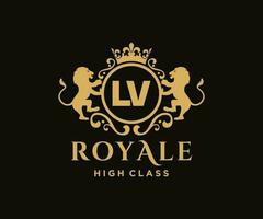 Golden Letter LV template logo Luxury gold letter with crown. Monogram alphabet . Beautiful royal initials letter. vector