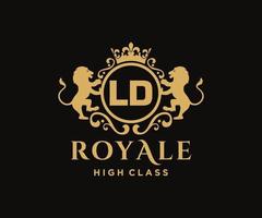 Golden Letter LD template logo Luxury gold letter with crown. Monogram alphabet . Beautiful royal initials letter. vector