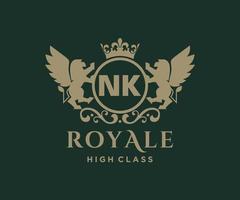 Golden Letter NK template logo Luxury gold letter with crown. Monogram alphabet . Beautiful royal initials letter. vector