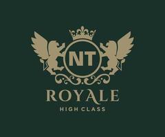 Golden Letter NT template logo Luxury gold letter with crown. Monogram alphabet . Beautiful royal initials letter. vector