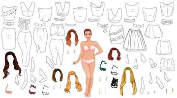 Plus Size Model Coloring Page Paper Doll with Female Character, Clothes, Hairstyles and Accessories. Vector Illustration