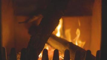 een dichtbij omhoog van vlammen in log brand brandend in een haard video