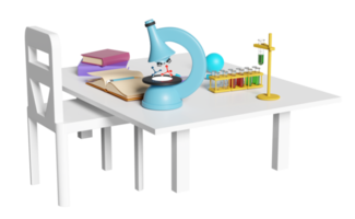 Kit de experimentos científicos 3D com microscópio, globo, lupa, copo, tubo de ensaio, mesa de estudante, cadeira isolada. educação inovadora de sala, conceito de e-learning, ilustração de renderização 3d png