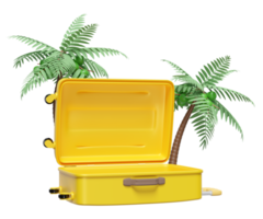 3d amarelo aberto mala de viagem esvaziar com Palma árvore isolado. verão viagem conceito, 3d render ilustração png